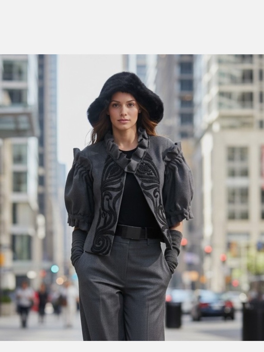 Oscar de la Renta Gray Jacket with Black Appliqué Ruffle Trim